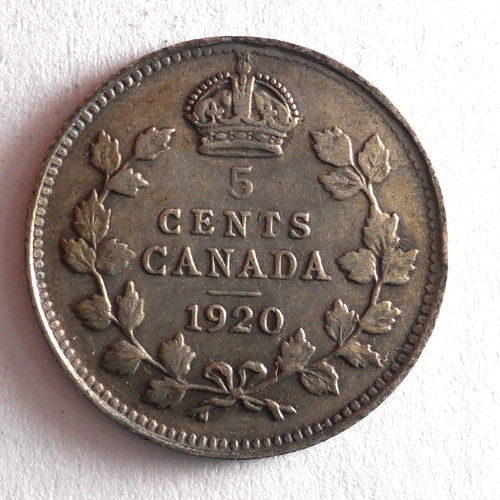 1920 CANADA 5 CENT - AU - Excellent Silver Coin - Lot J25