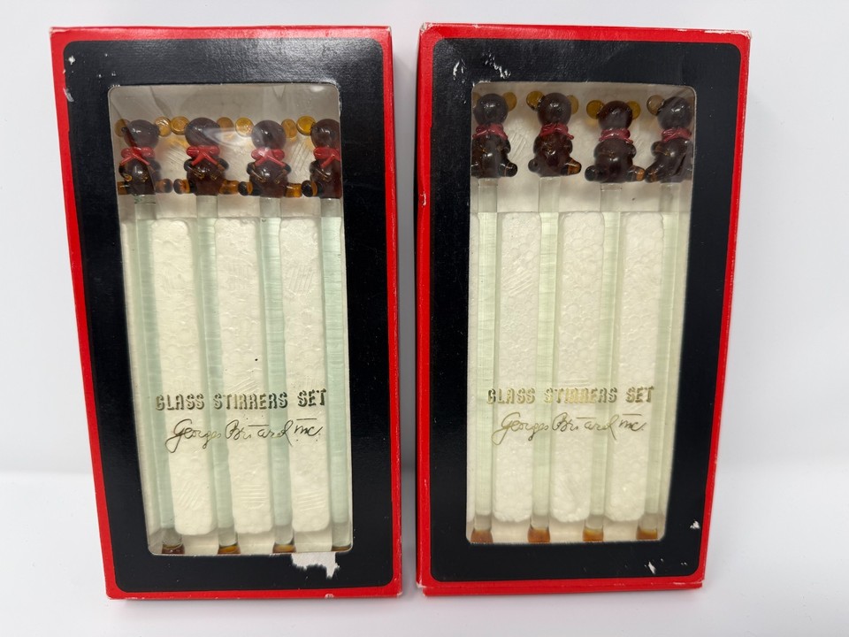 Georges Briard teddy bear cocktail stirrers still in the original box are the kind of kitschy, charming barware detail that makes a well-appointed bar feel truly personal.