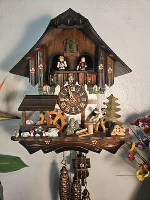 Nice German Animated Woodsman Musical Cuckoo Clock With Dancers &Waterwheel 