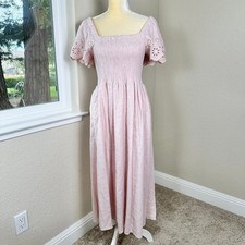 Madewell Lucie Linen Blend Midi Dress Womens S Pink Smocked Eyelet Cottagecore