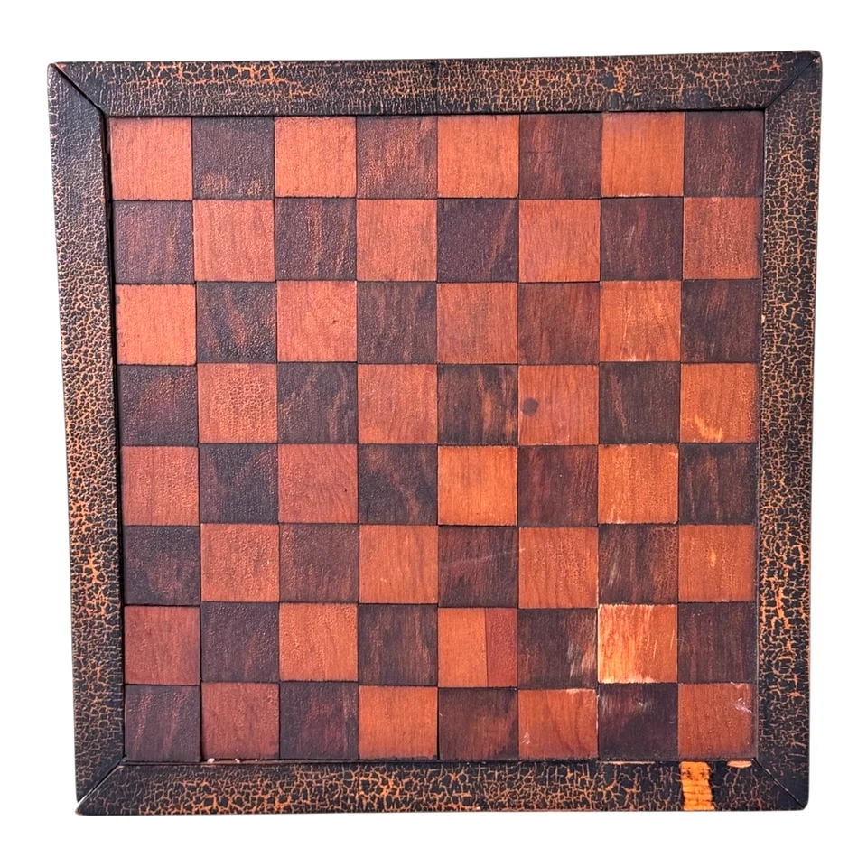Antique 1800s Folk Art Decorative Inlaid Wood Checker Game Board - Wall Hanging - Image 4 of 4