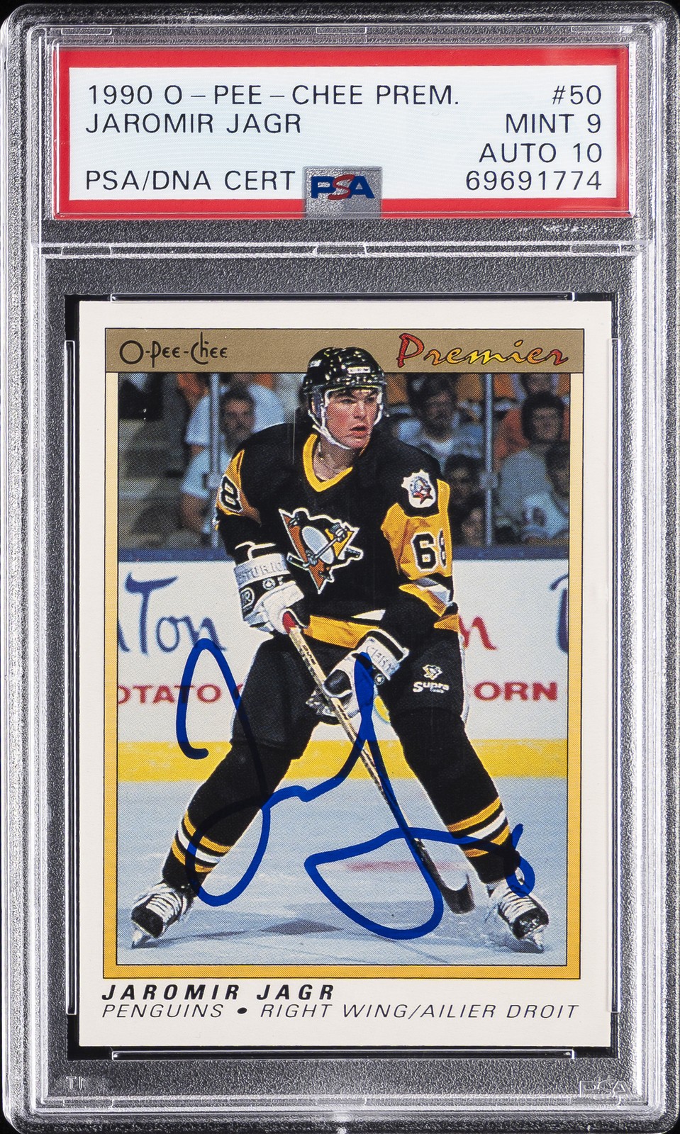 1990 O-PEE-CHEE PREMIER #50 JAROMIR JAGR ROOKIE RC PSA 9 DNA AUTO 10 view 1