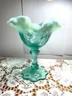 Fenton Light Green & White Crest Glass Compote Cabbage Rose 6 1/2" Tall