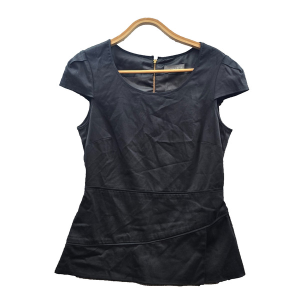 Jacqui E Womens Blouse Top Size 8 Black Short Sleeve Scoop Neck Peplum