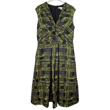 Kay Unger LARSA TEA LENGTH Women 14 V-Neck Midi Dress JACQUARD MILAN PLAID PLEAT