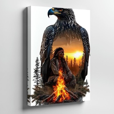 Native American Warrior By Campfire With Eagle Sunset Nature Canvas Wall Art