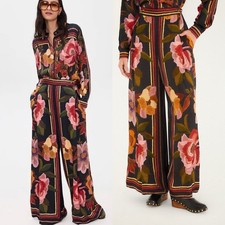 NWT Anthropologie Farm Rio Chenille Flowers Black Lenzing Ecovero Wide Leg Pants