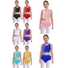 Kids Girls Outfit Ruched Costume Crop Top Dancewear Cross Back Leotard Ballet