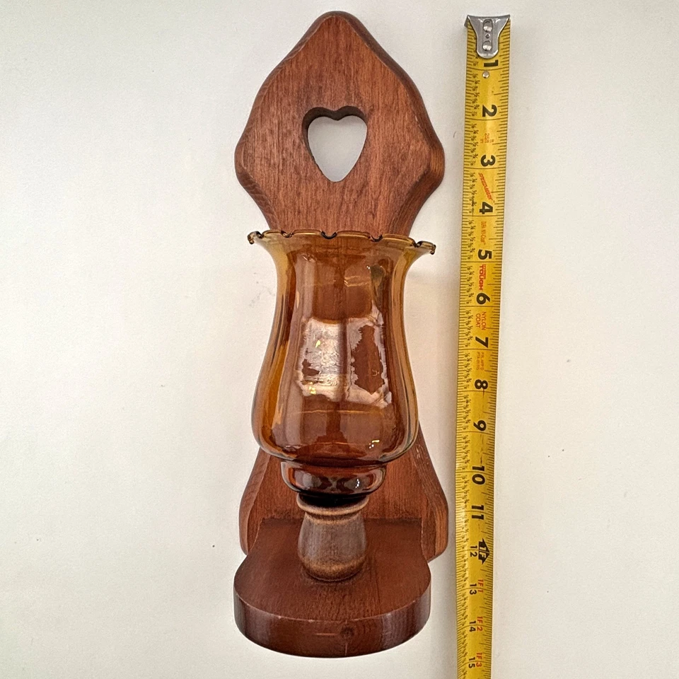 Arandela de parede madeira de pinho castiçais vidro âmbar fazenda década de 1980 vintage - Imagem 2 de 3