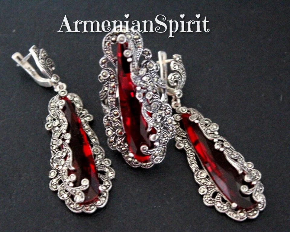 Armenian Spirit Set very long earrings ring red silver 925 marcasite Armenian - Image 2 of 4