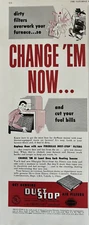 1950 Dust Stop Air Filters Owens Corning Fiberglas Heating Furnace VTG Print Ad