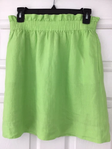 J. Crew Bright Green Linen Paper Bag Elastic Waist Skirt Size 4