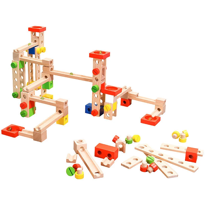 Playtastic Murmelbahn: Kugelbahn-Bausatz aus Holz, 50-teilig (Holzkugelbahn)