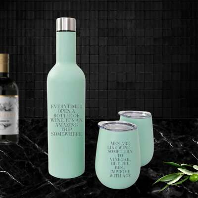 Personalised Wine Travellers Set of 3 - Insulated Bottle & 2 Tumblers - Mint