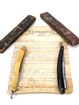 Antique 1920 MB Richardson & Co 2x Straight Razor + Cases Calligraphy Letter #C1