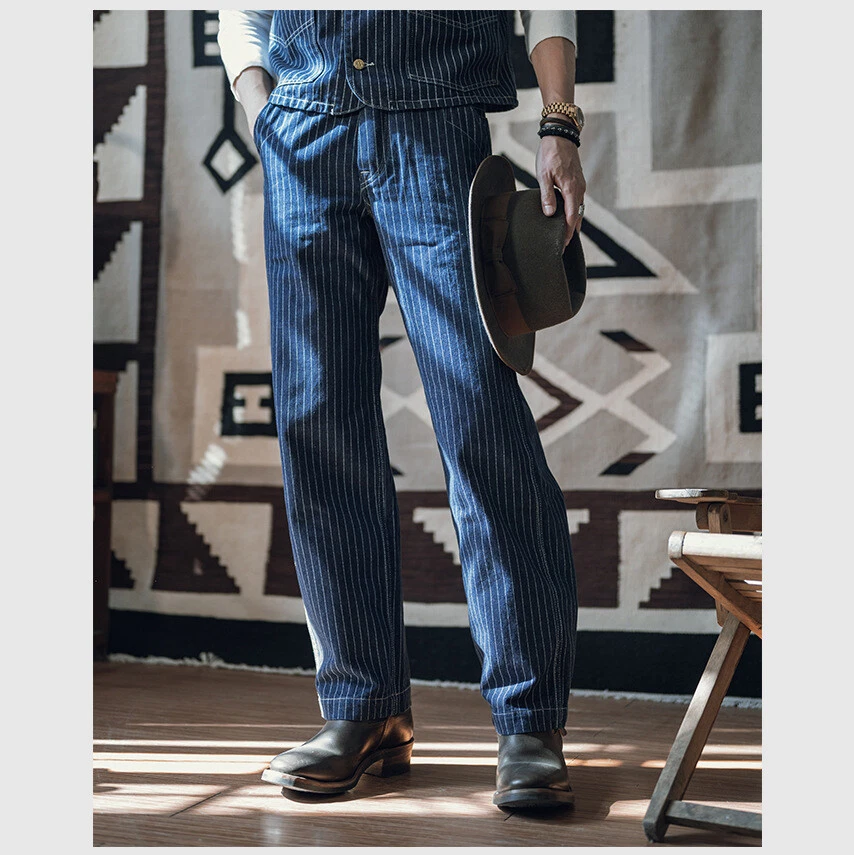 Railway Overalls Wabash Stripe Jeans Men's Retro Work Pants Indigo Cargo Cotton