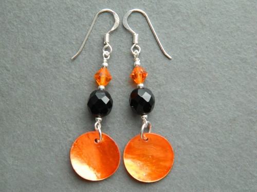 Metallic Orange MoP Shell Discs, French Jet, Crystal & Sterling Silver Earrings - Picture 7 of 14