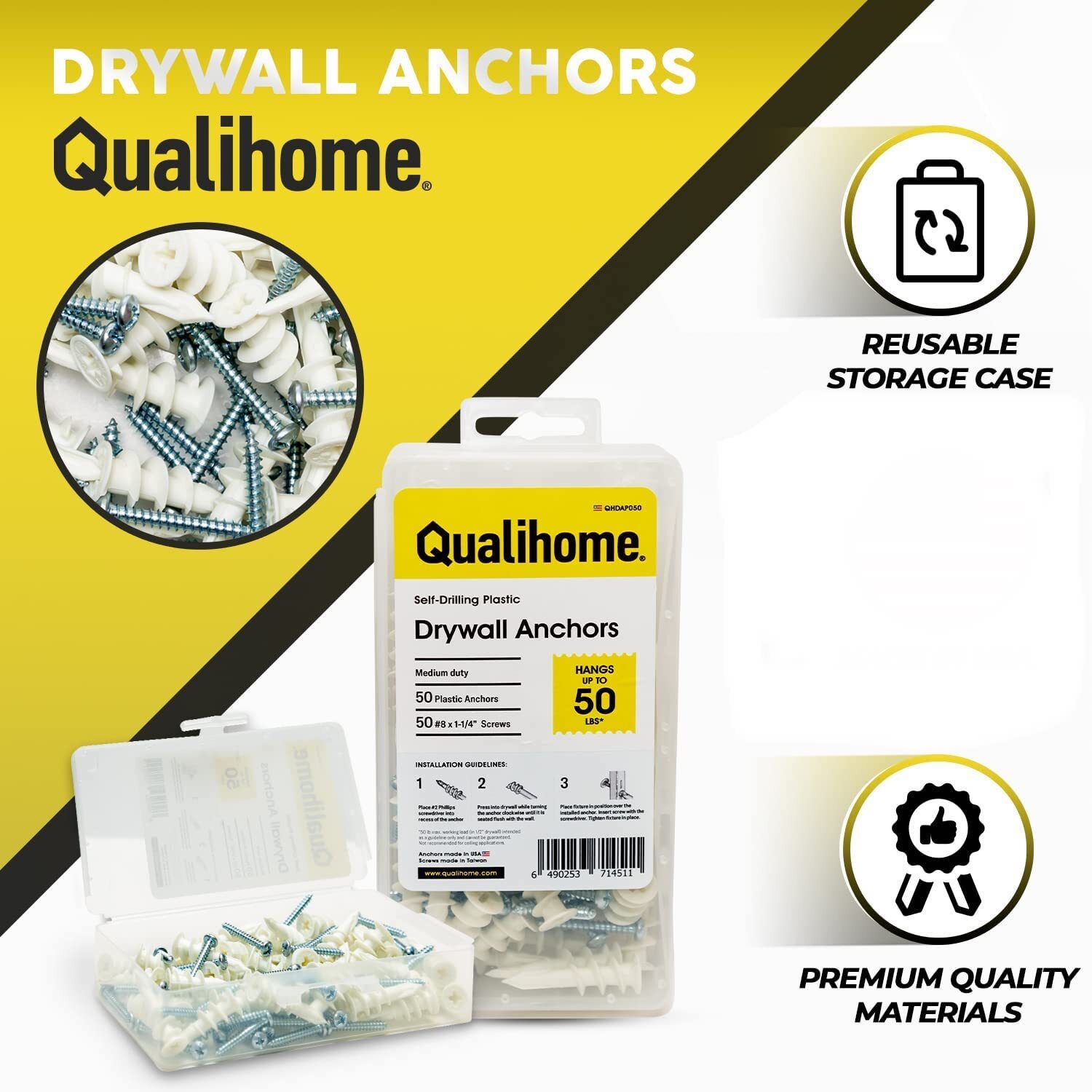Qualihome Heavy Duty Plastic Self Drilling Drywall Anchors and Screws