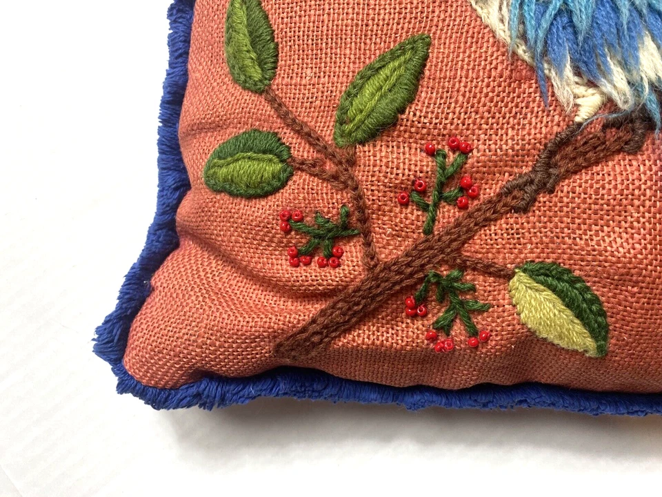 Vintage Handmade Bird Pillow Cover Case Needlepoint Applique Tropical Rare Zip - Image 4 of 4