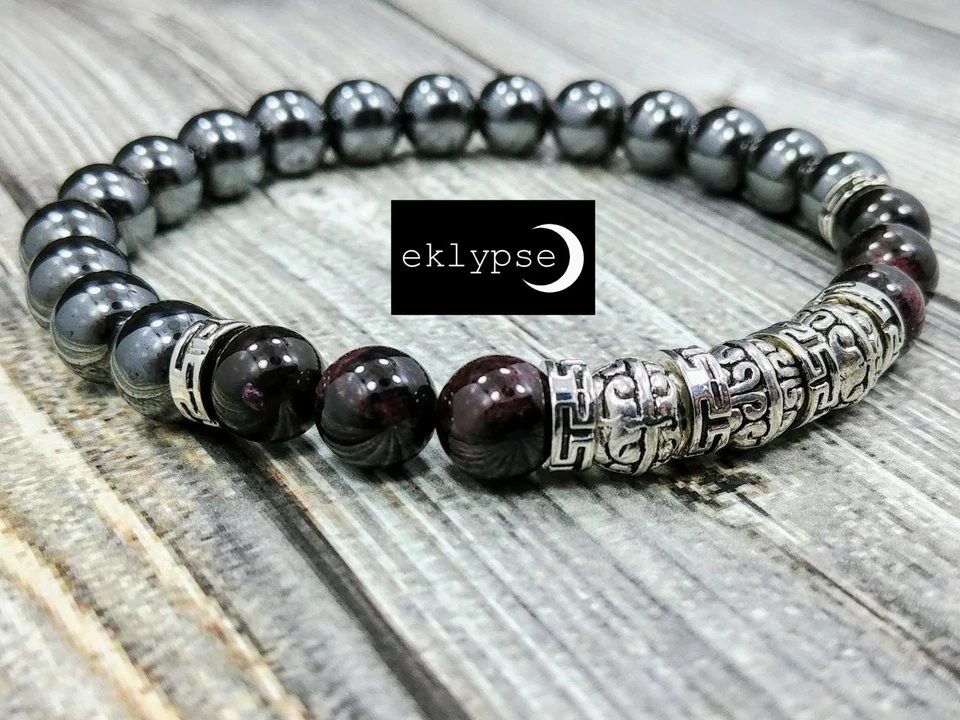 Brazalete de plata Tíbet HIP 8 mm granate + piedras preciosas de hematita con cuentas para hombre por eklypse Foto 3 de 4
