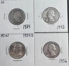 Lot of 4 Washington Silver Quarters 1934 1943 1954-D 1956 90% Silver