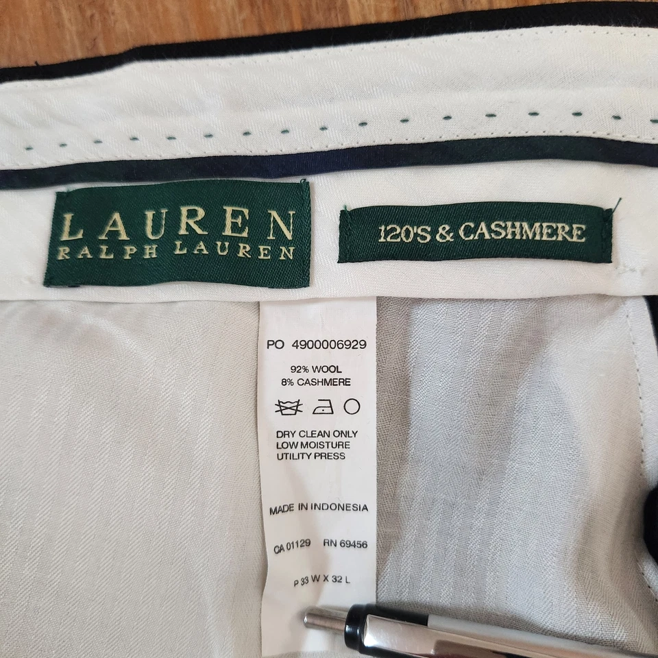 Pantalones para hombre Lauren Ralph Lauren negros 120s lana cachemir plisados con puños 32x31 Foto 4 de 4