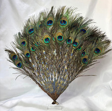 1900's Peacock Tail Feather Fan Carved  Painted Wood Sticks Made In India