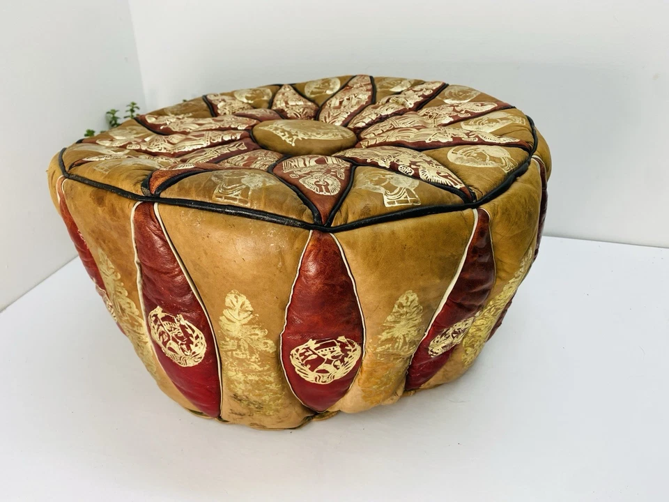 Vintage Mid Century Moroccan “Egyptian” Leather Pouffe Ottoman Footstool 70’s - Image 2 of 4