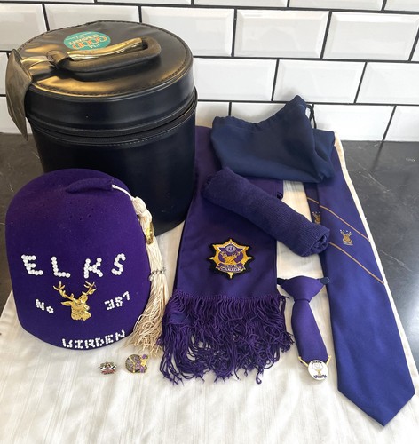 Vintage Elk's Lodge Lot, Bejewelled Fez Hat, Hat Box, Sash, Tie, Clip Tie, Pins,