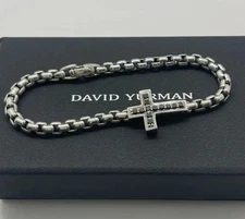David Yurman Cross Bracelet in Sterling Silver with Pave Black Diamonds, 5mm 8"