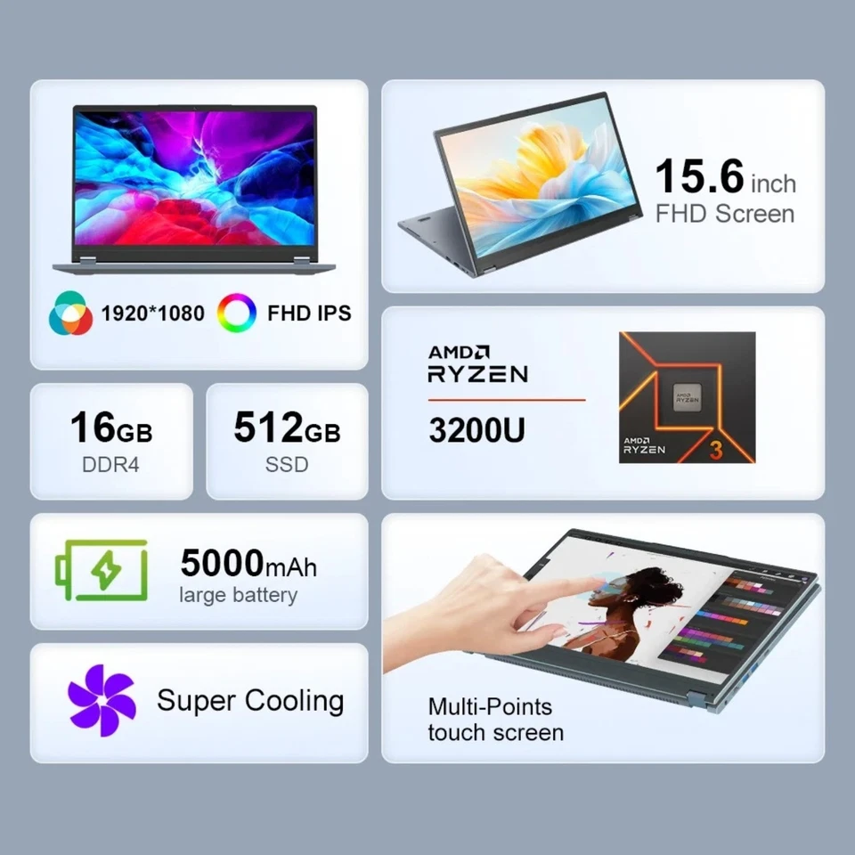 2 in 1 Laptop Convertible Touchscreen 15,6 Zoll 16GB RAM 512GB Windows 11 Pro DE - Bild 2 von 4