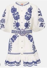 Farm Rio Blue Flower Richelieu Linen Mini Dress Small Embroidered NWT $330