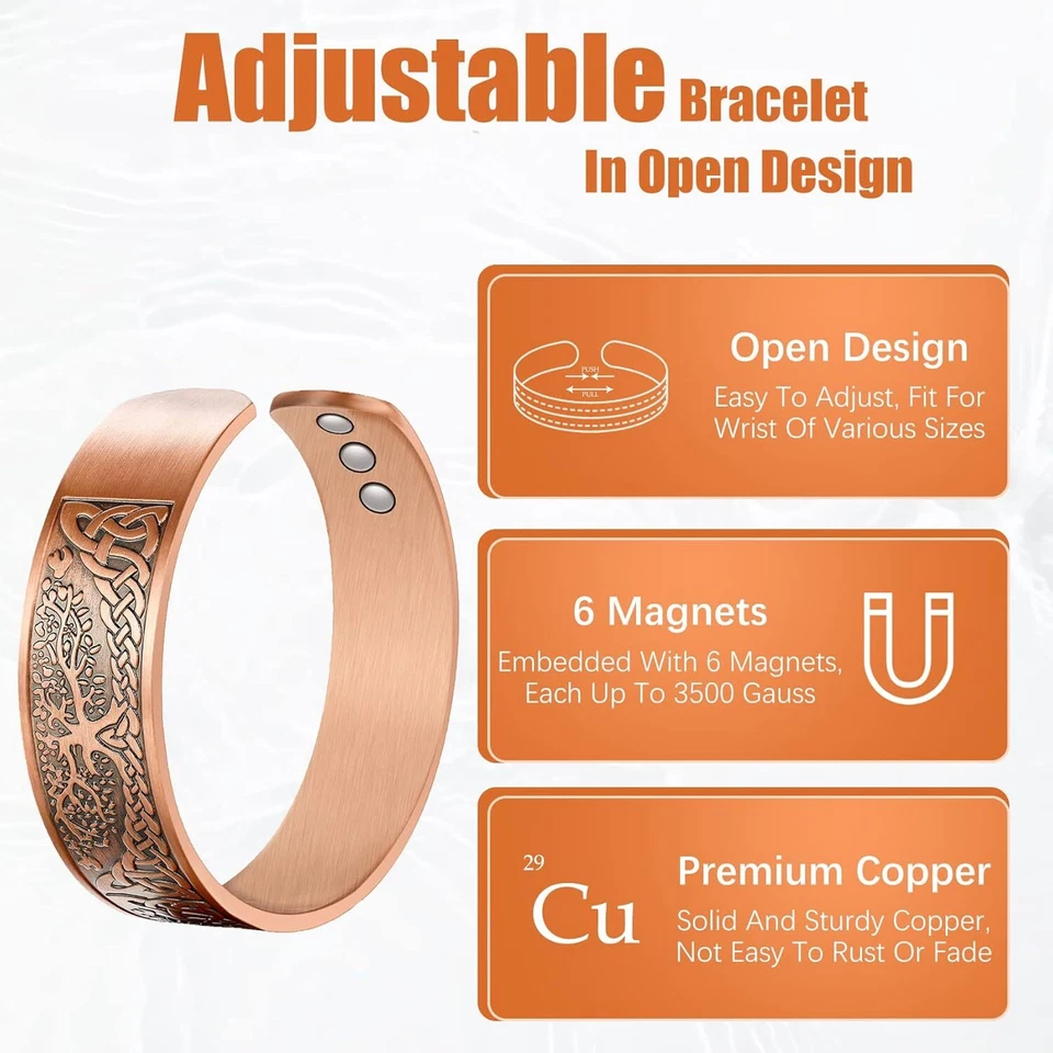 100% Premium Solid Pure Copper Magnetic Bracelets Tree of Life Cuff Bangle Mens - Image 3 of 4