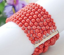 Genuine Natural 8 Rows 6mm Red Coral Gemstone Round Beads Bracelet 8 Inch AAA