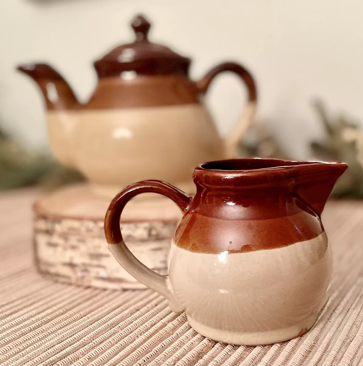 Vintage Pottery Stoneware Three Tone Brown Tea Pot Creamer Tea