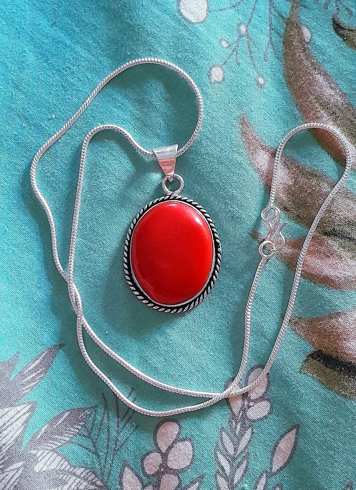COLLANA CORALLO ROSSO SARDO NATURALE, CIONDOLO DI CORALLO E ARGENTO 925 LAVORATO - Immagine 3 di 4