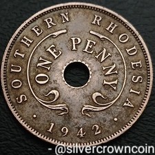 Rhodesia 🇬🇧 Southern 🇿🇼 1 Penny 1942. KM#8a. Bronze Holed 1 Cent coin. WWIl.