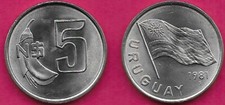 URUGUAY 5 NUEVOS PESOS 1981 UNC CORAL FLOWER AND VALUE,NATIONAL FLAG,MEDAL ROTAT
