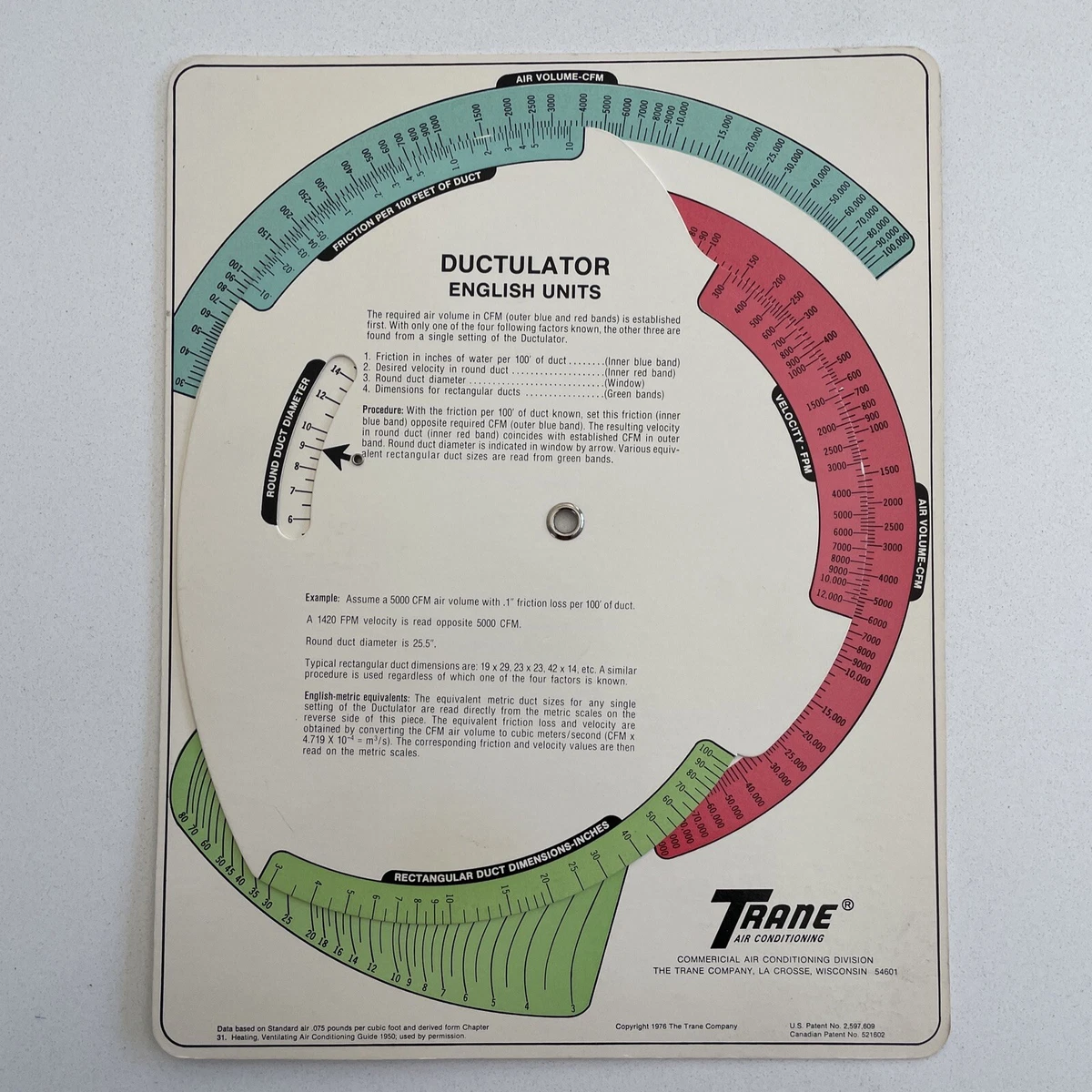 1976 Ductulator Duct Sizing Calculator Form D100 10176 Trane Air