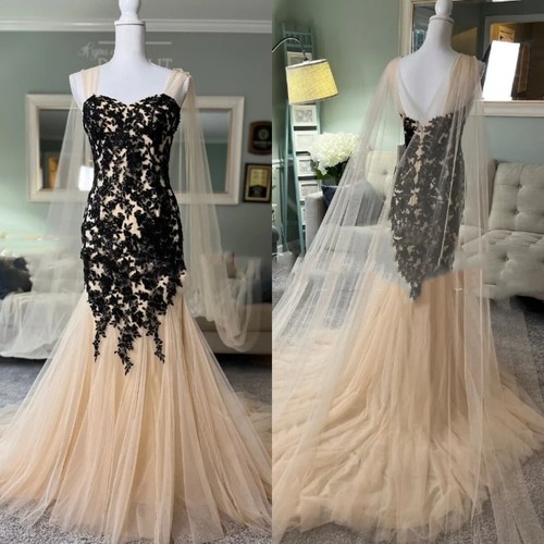 Chamapagne Gothic Wedding Dresses Mermaid Black Lace Tulle Bridal Gown Backless - Picture 1 of 9