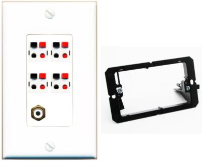 RiteAV 4 Port Speaker Wire Plug Jack Wall Plate+RCA for Subwoofer Bracket White