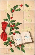 Vintage CHRISTMAS Postcard Book / Holly / Red Ribbon "XMAS JOYS" 1917 Cancel