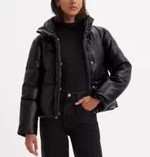 Levi's Women's Faux Leather Short Puffer Jacket Coat Black  XL NWT