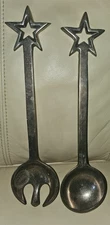 Vintage Aluminum Star Handle Salad Server Utensils Fork Spoon Pair 13"