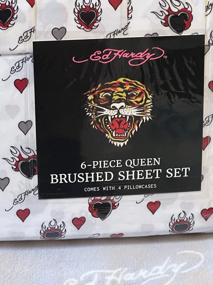 Juego de sábanas Ed Hardy Queen 6 piezas corazones negros ardientes nuevo en paquete Foto 2 de 4