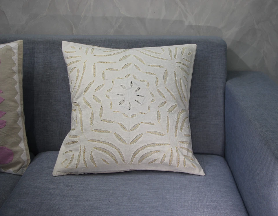 Handcrafted White & Beige Cushion Cover with Traditional Kantha Hand Embroidery - Image 2 of 4