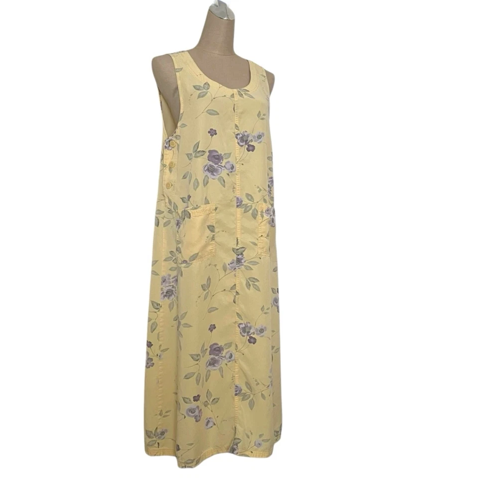 Vtg Y2K Jumper Dress Midi Floral Cottage Butter Yellow Women’s Medium Nordstrom - Image 3 of 4