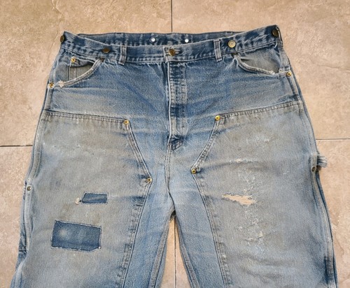 VTG Distressed Double Knee KEY USA Denim Work Pants Jeans 40x28.5" Patches Worn - Picture 2 of 24