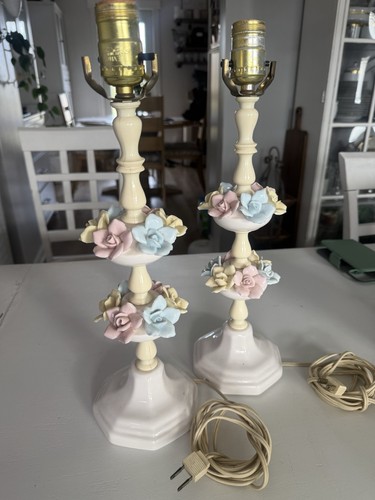 Cottage Shabby Vintage Japan Porcelain Lamps Roses  Nursery Boudoir Table Lamps