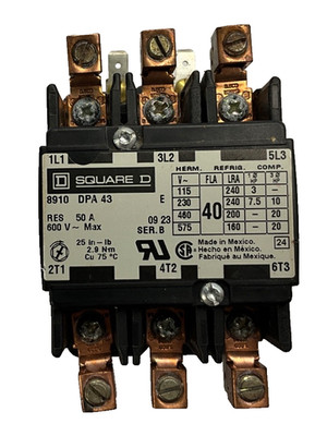 SQUARE D DEFINITE PURPOSE CONTACTOR, 600V 40Amp PN: 8910 DPA 43